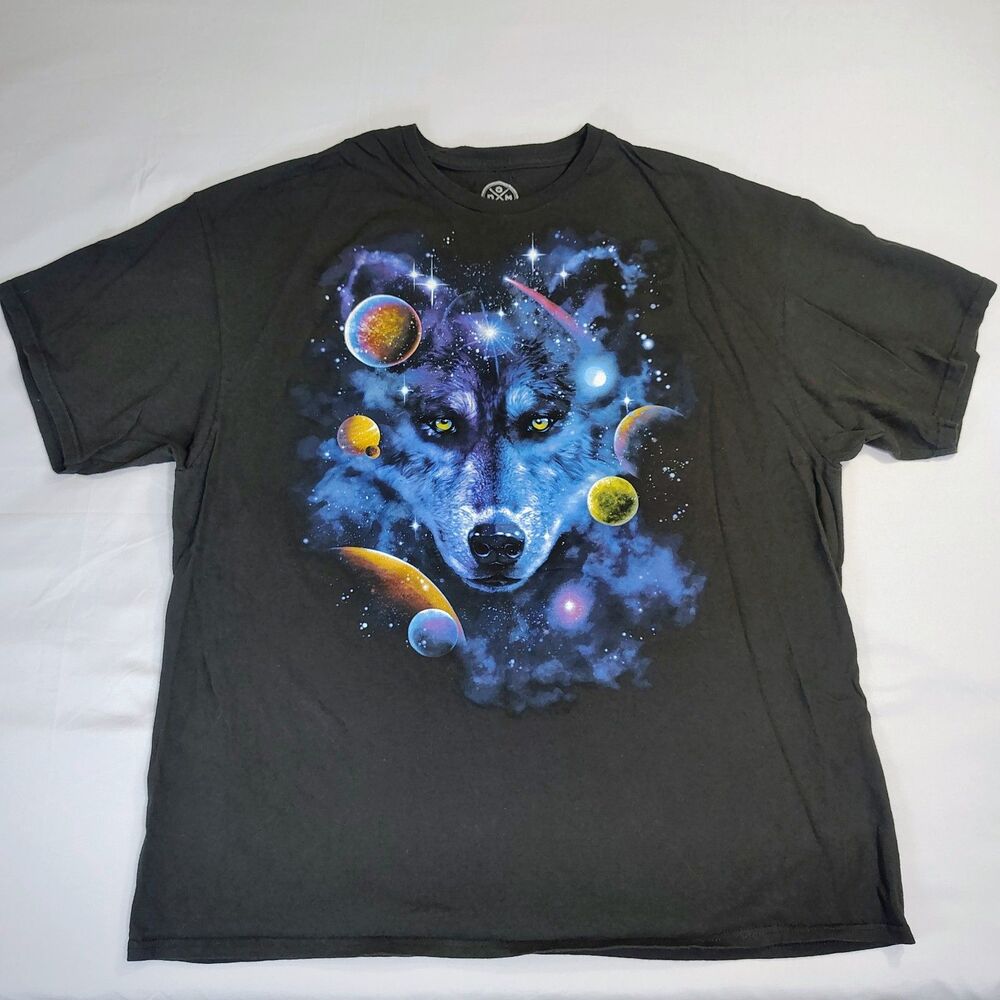 DOM Galaxy Space Wolf Graphic Stars T-Shirt Black Sz 2X Planets